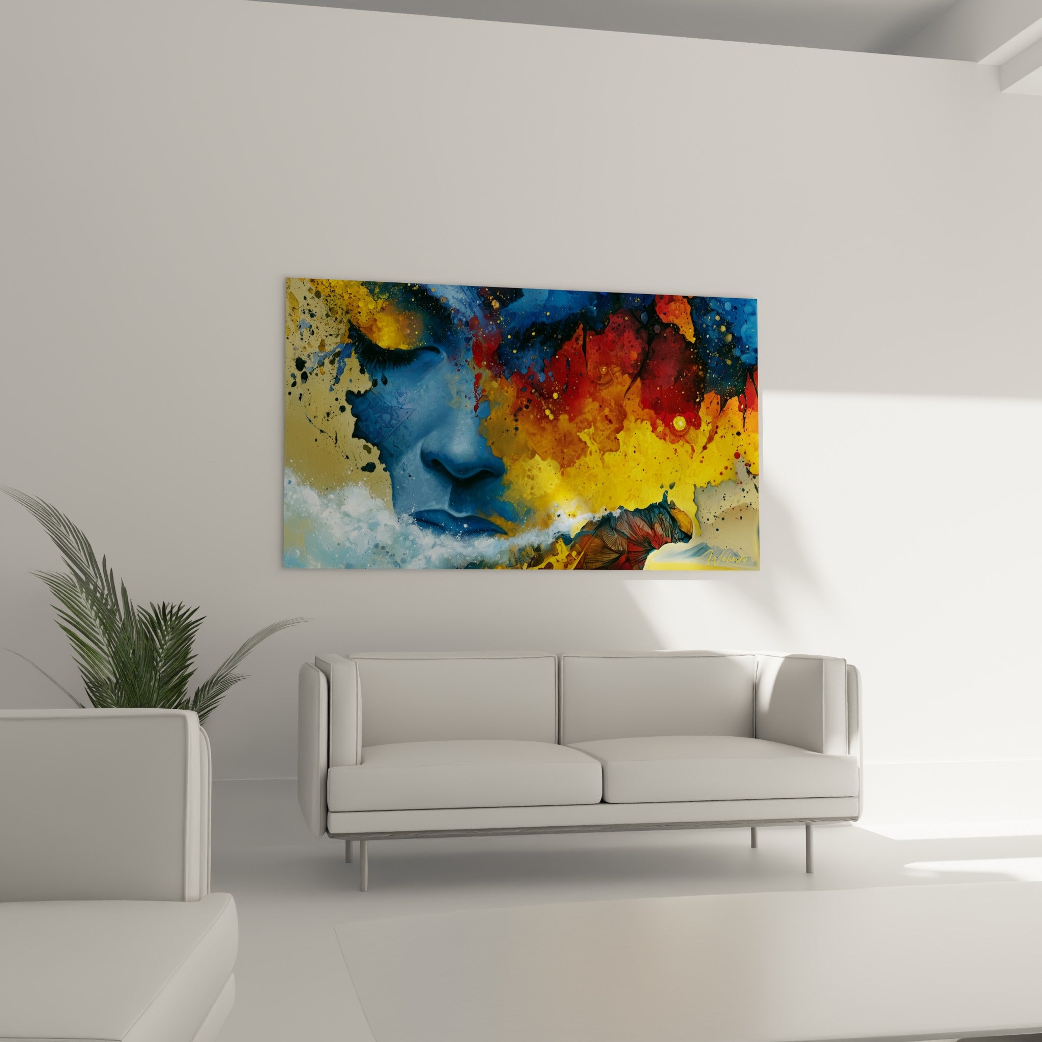 Vague blanche et embrasement doré encadrent un visage bleuté, au-dessus d'un canapé dans un salon lumineux