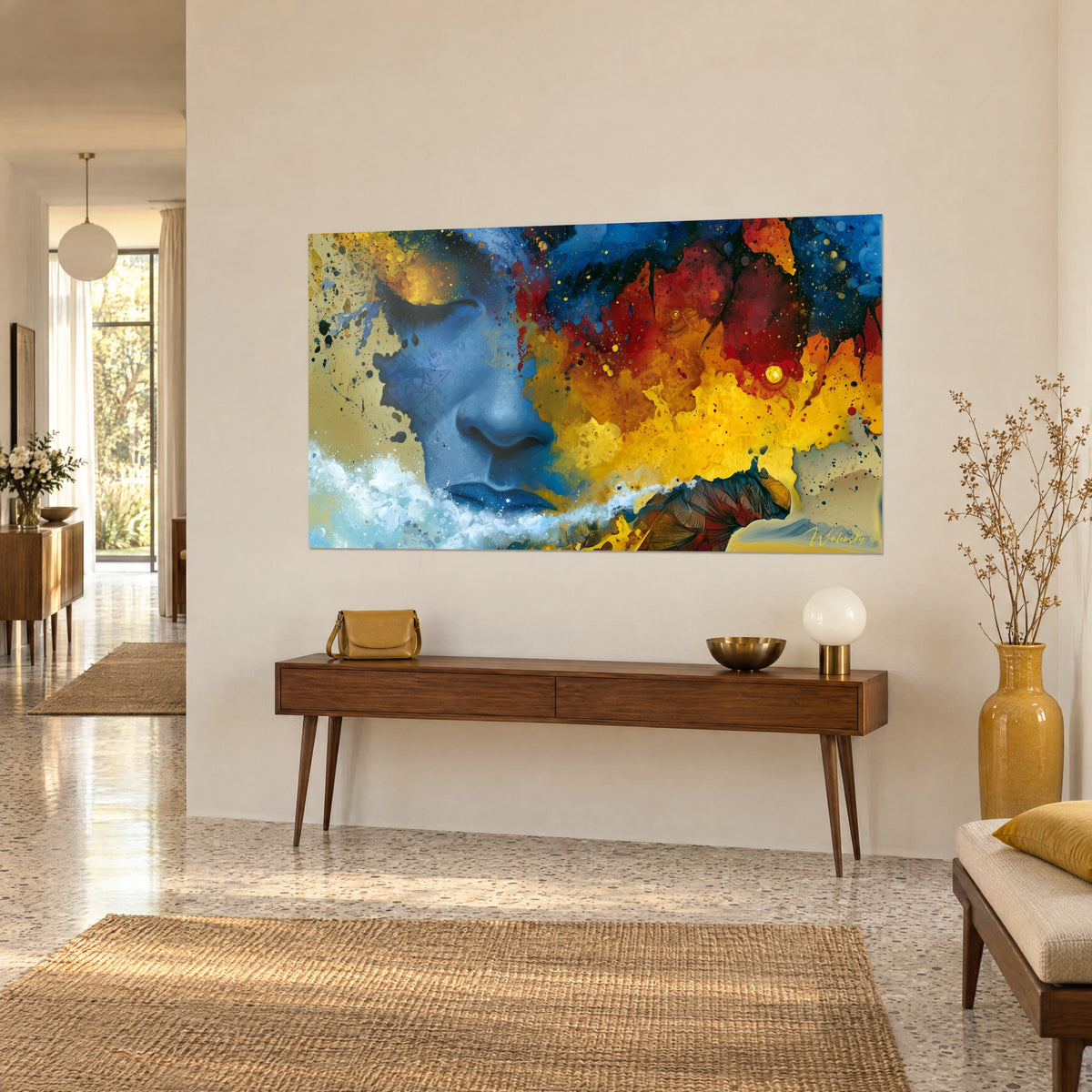 Wall art of a serene profile with closed eyelids, azure skin and a mane of saffron and carmine splashes, three-quarter view against a cream wall