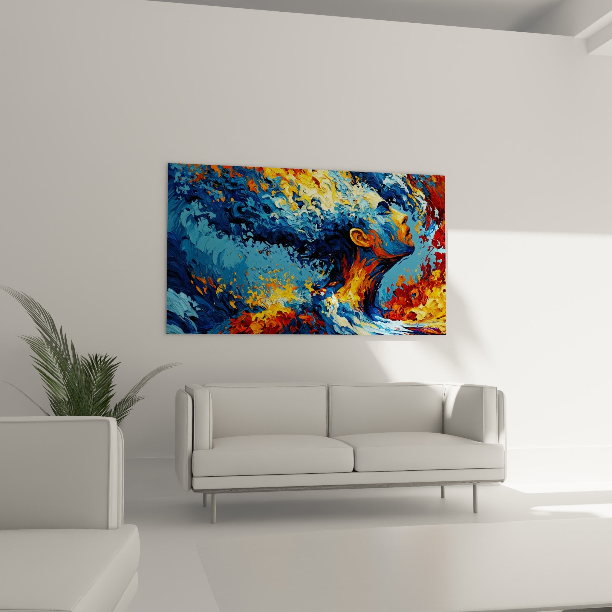 Silhouette tournée vers le haut entre vagues bleues et embrasement fauve, au-dessus d'un canapé dans un salon lumineux