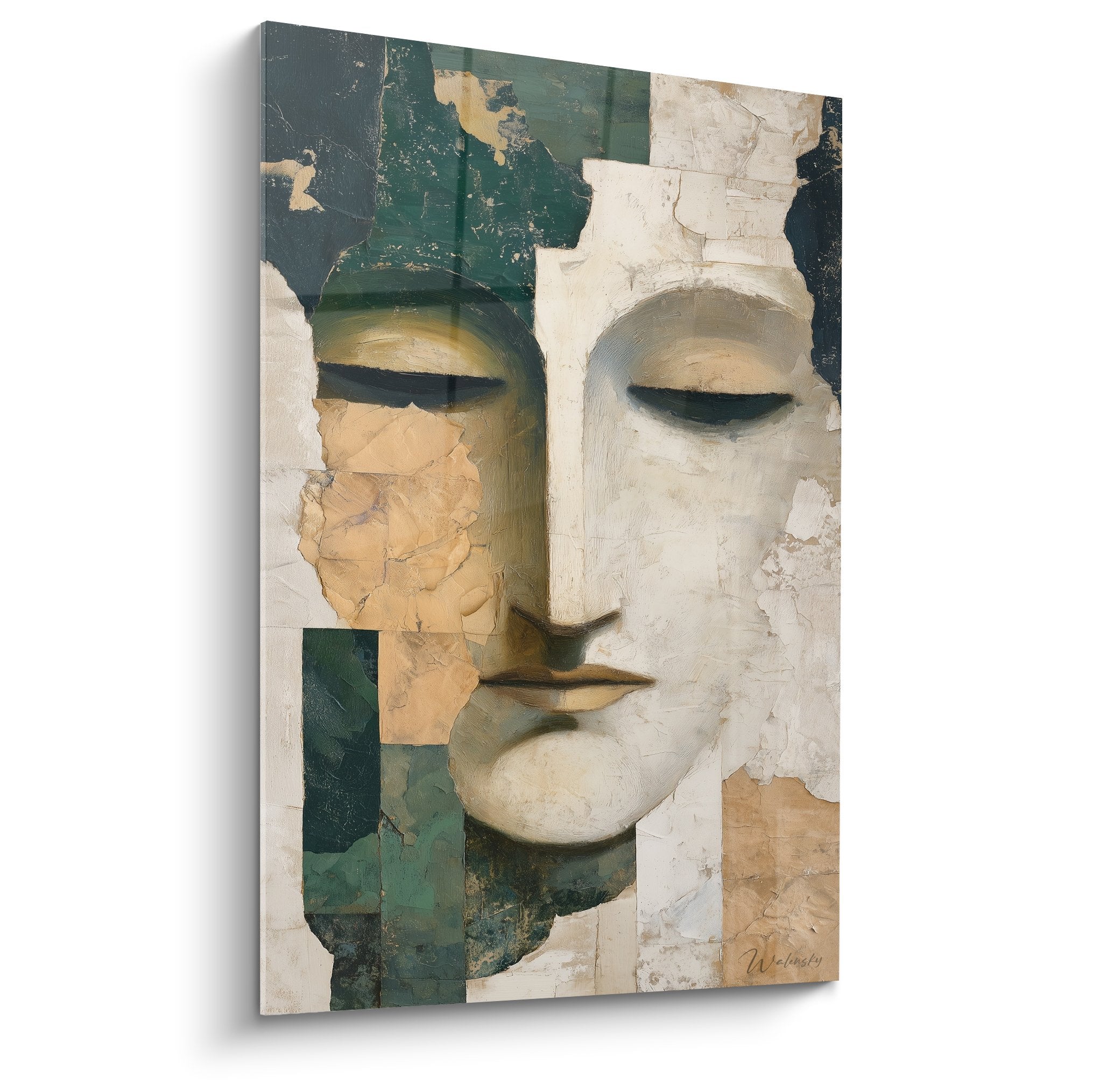 Tableau visage feminin abstrait tons verts ocres yeux fermes meditation feng shui est bois