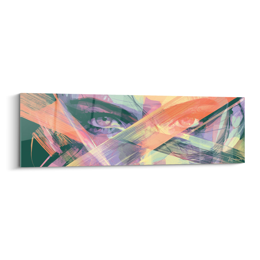 Tableau Visage vert et orange aux bandes croisées - Regard entre les diagonales - Edition Visage abstrait