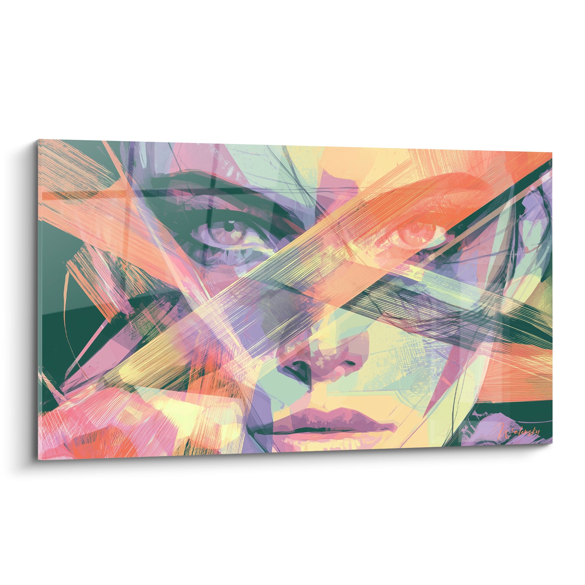 Visage abstrait aux couleurs vert sauge et orangées, traversé de lignes graphiques sur toute la surface