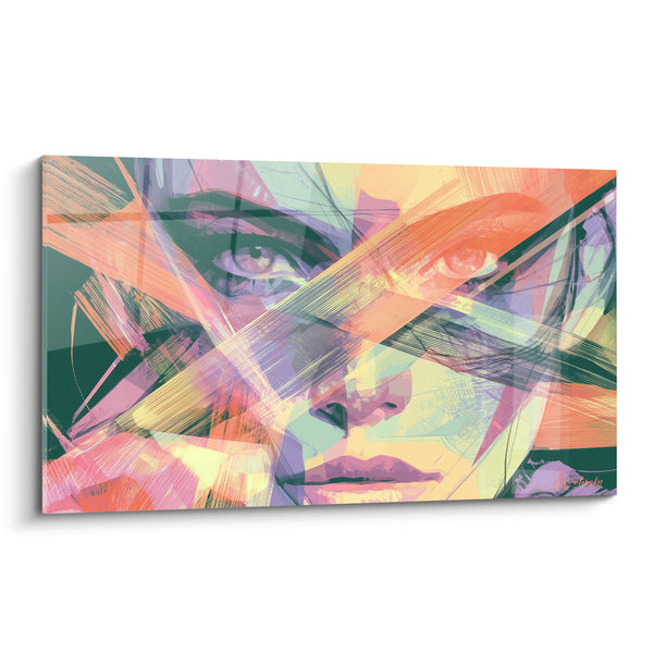 Tableau Visage vert et pêche aux lignes entrecroisées - Regard sous les hachures - Edition Visage abstrait
