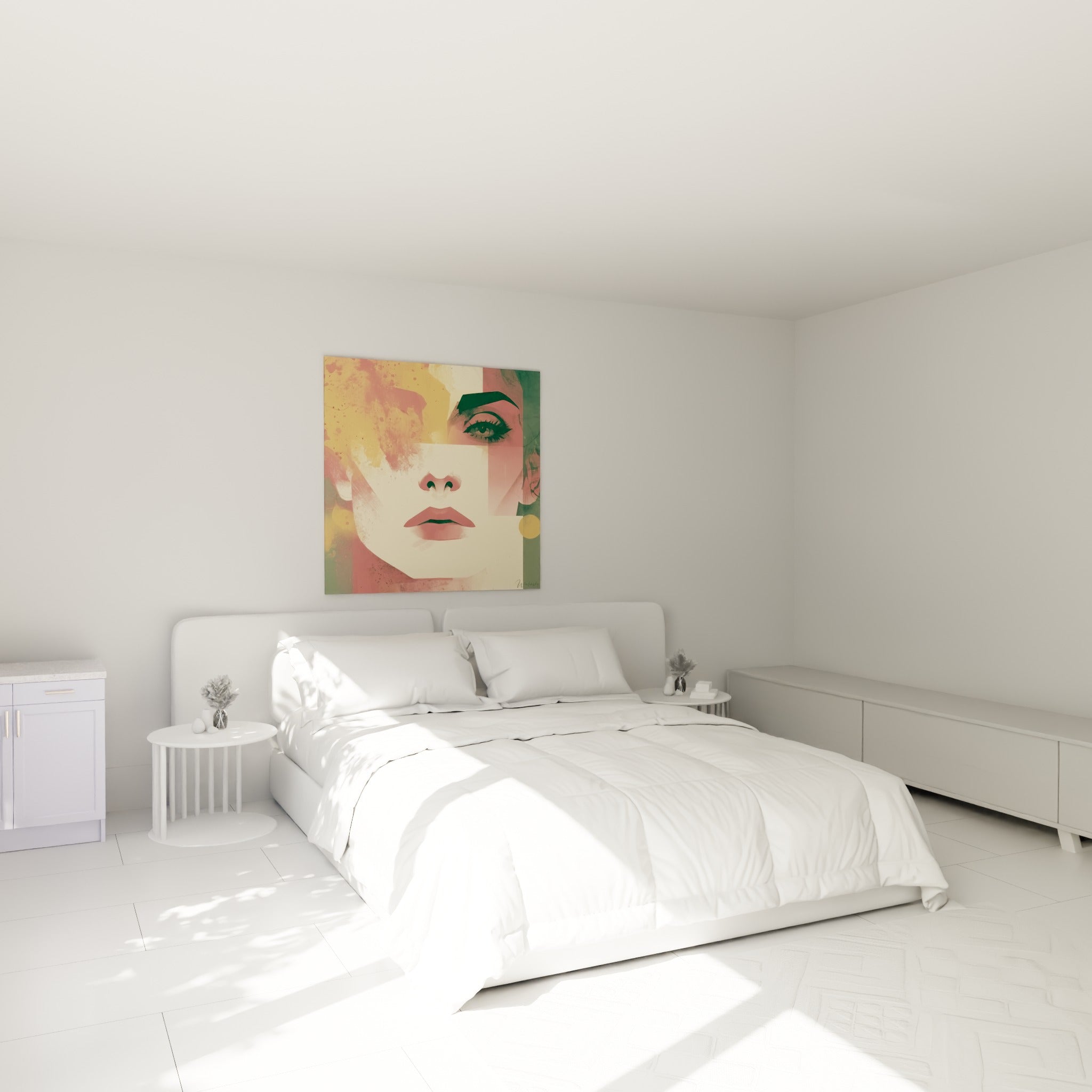 Portrait fragmenté aux teintes rose et crème accroché au-dessus d'un lit dans une chambre claire