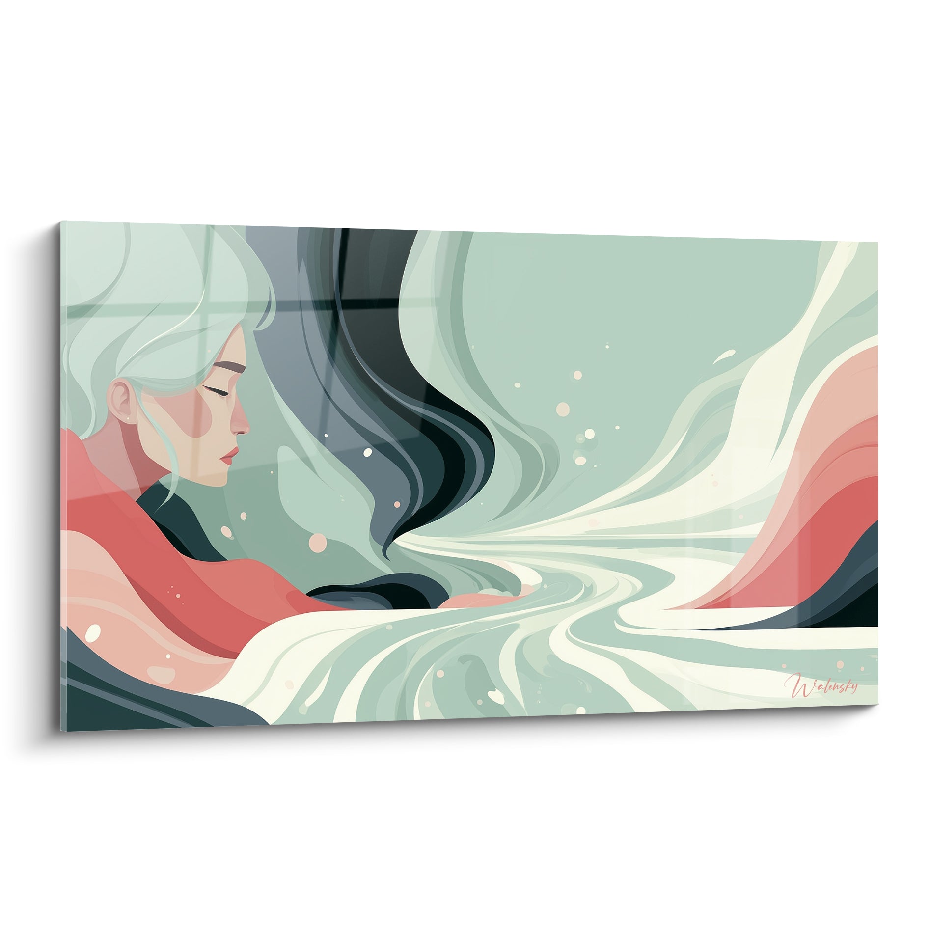 Profil féminin aux cheveux vert sauge fondu dans des vagues corail et anthracite fluides