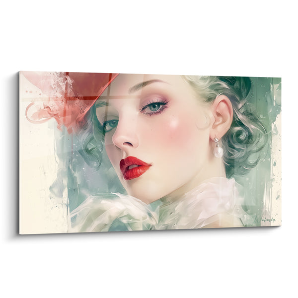 Tableau Portrait féminin aux boucles vertes et lèvres rouges - Élégance rétro - Edition Visage abstrait