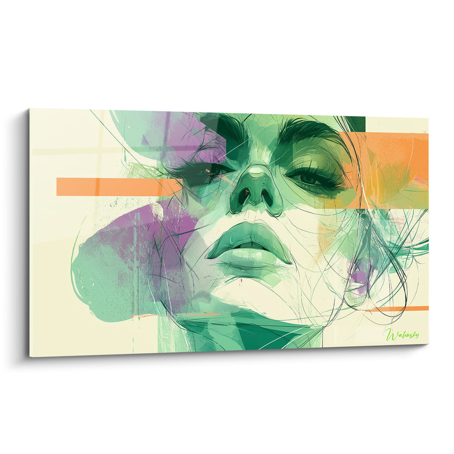 Tableau Visage vert et orange aux bandes horizontales - Traits esquissés au fusain - Edition Visage abstrait