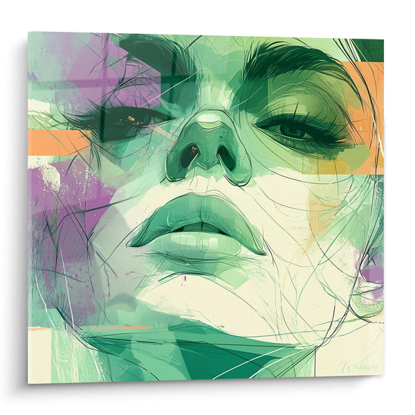 Tableau Visage vert et mauve aux bandes orangées - Regard entrouvert - Edition Visage abstrait
