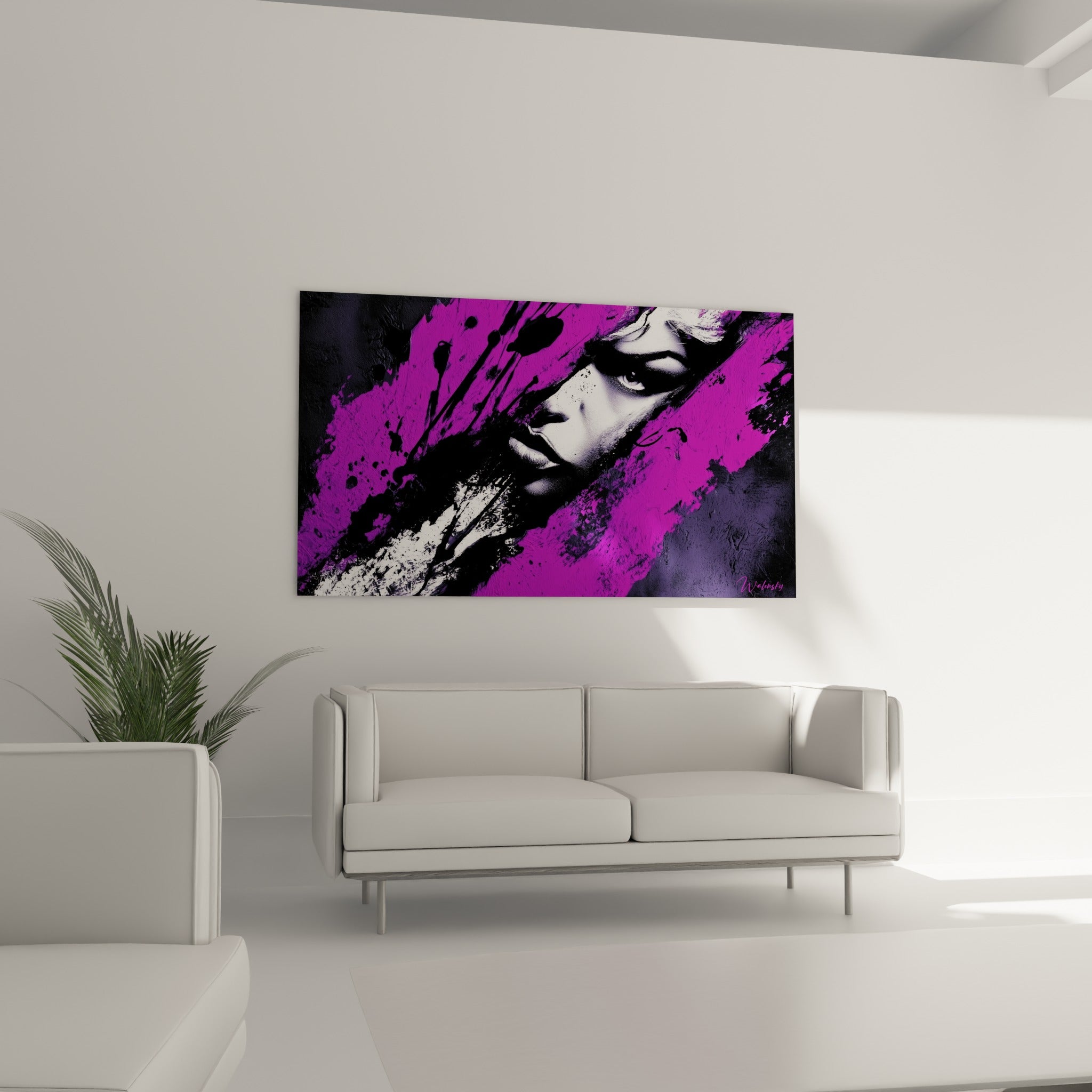 Visage abstrait fragmenté en violet intense et noir, disposé au-dessus d'un canapé dans un salon lumineux