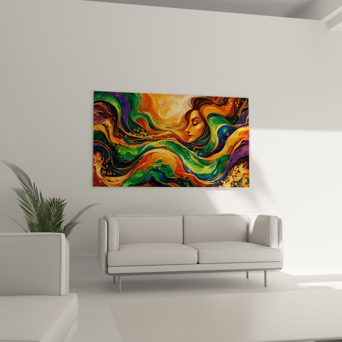 Portrait onirique doré et violet, tableau Visage abstrait au-dessus d'un canapé dans un salon lumineux