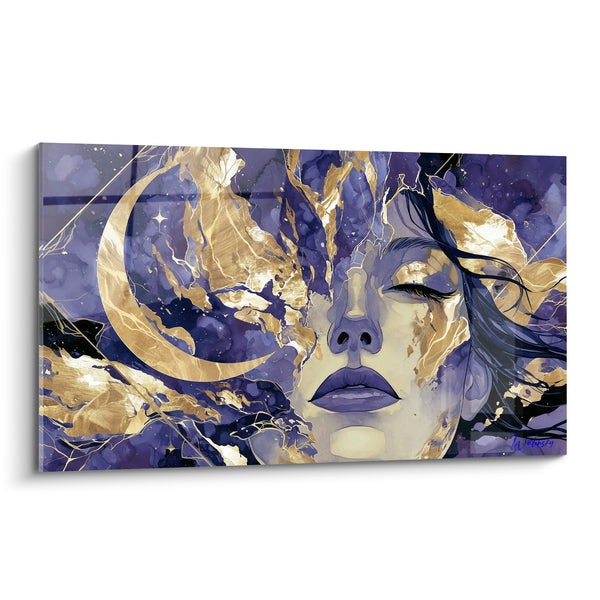 Tableau Visage doré violet au croissant de lune - Songe lunaire - Edition Visage abstrait