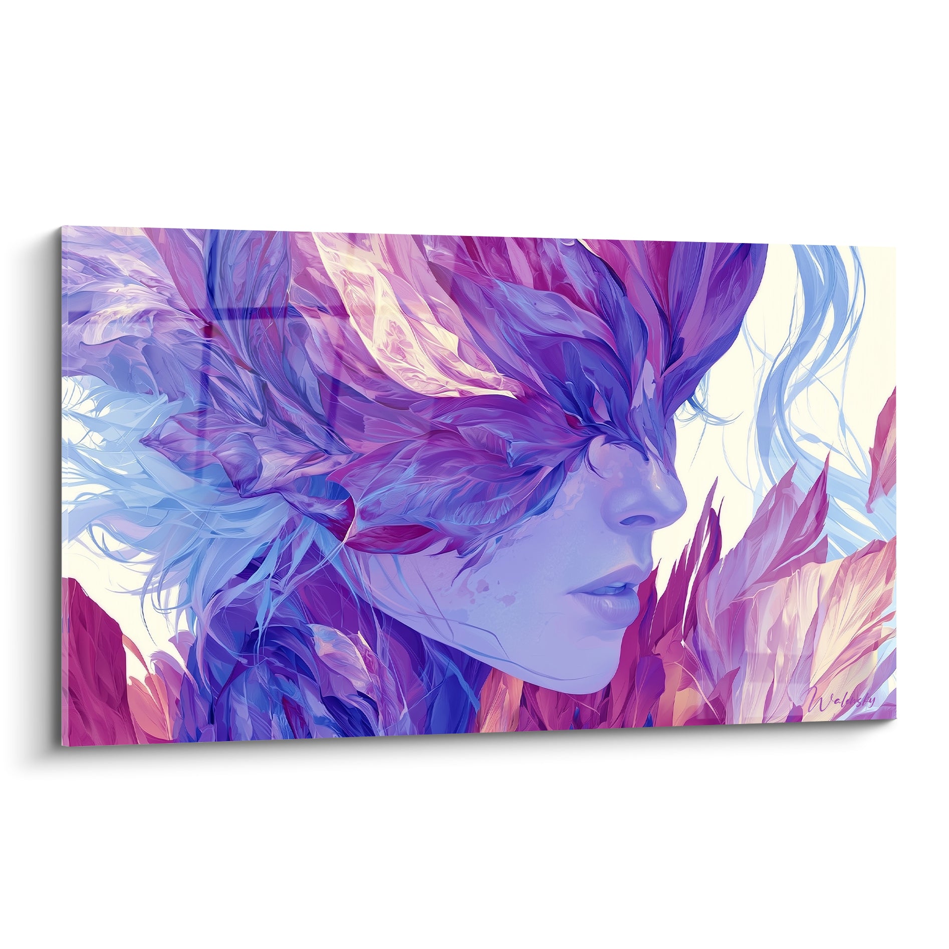 Visage abstrait violet et fuchsia, profil masqué de pétales, traitement pictural fluide sur fond crème