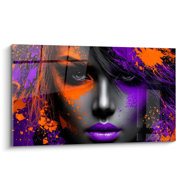 Tableau Visage violet et orange aux lèvres saturées - Regard magnétique - Edition Visage abstrait