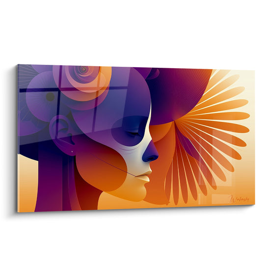 Profil féminin aux tons violet et orange, motifs géométriques, visage abstrait plein cadre
