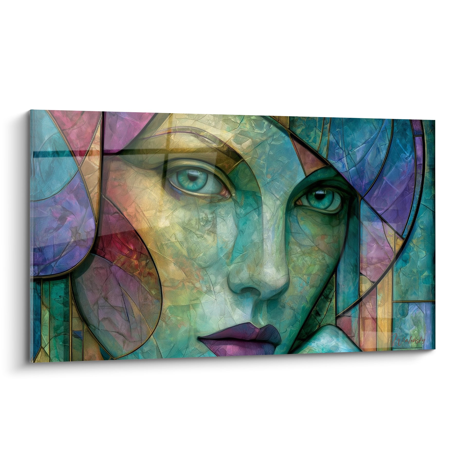 Visage abstrait aux yeux vert émeraude, fragmenté en vitrail turquoise et violet mauve
