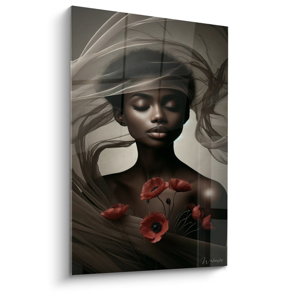 Tableau Portrait voile brun coquelicots rouges - Souffle apaisé - Edition Visage asbtrait