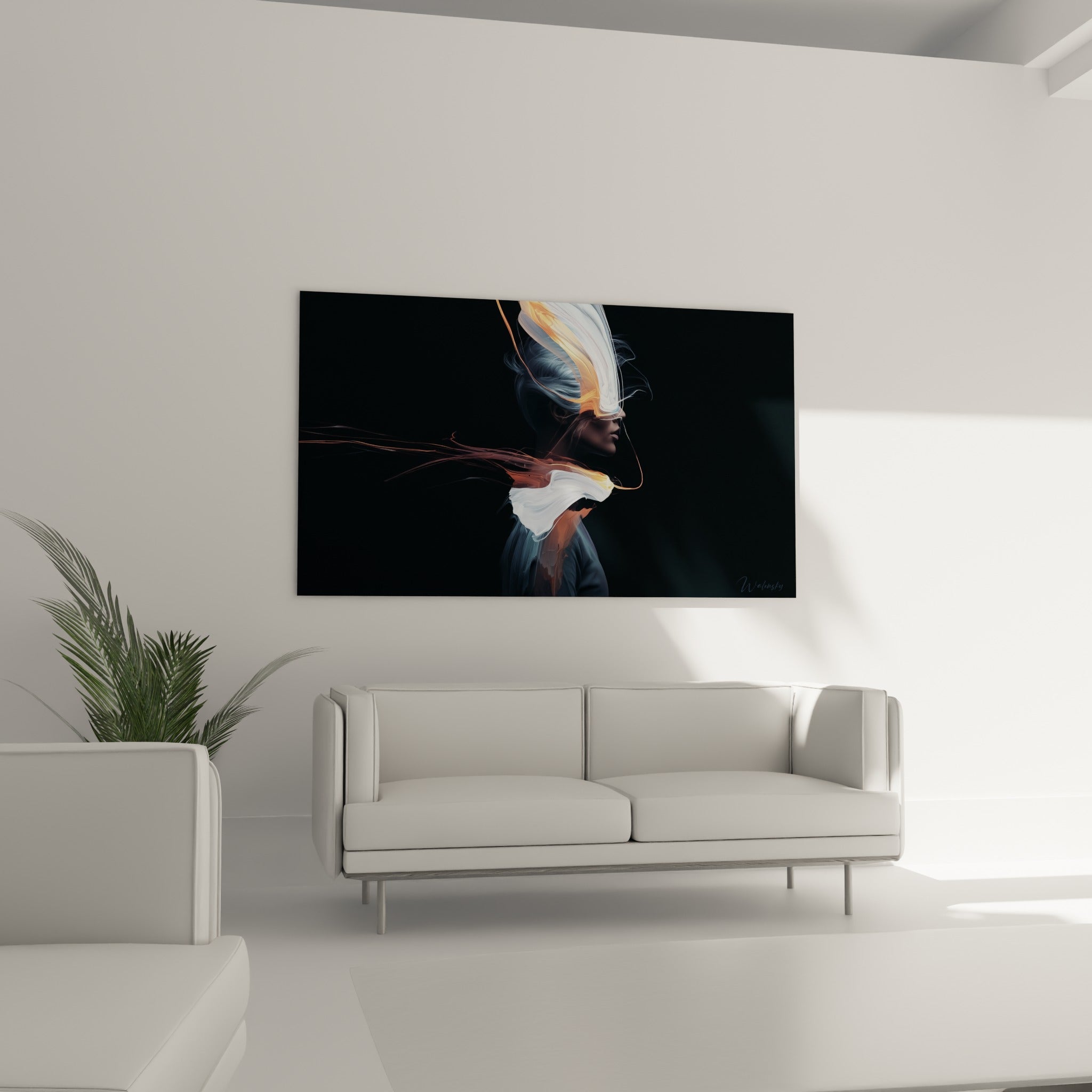 Portrait fluide du Visage abstrait aux voiles blancs et orange incandescent, au-dessus d'un canapé dans un salon lumineux
