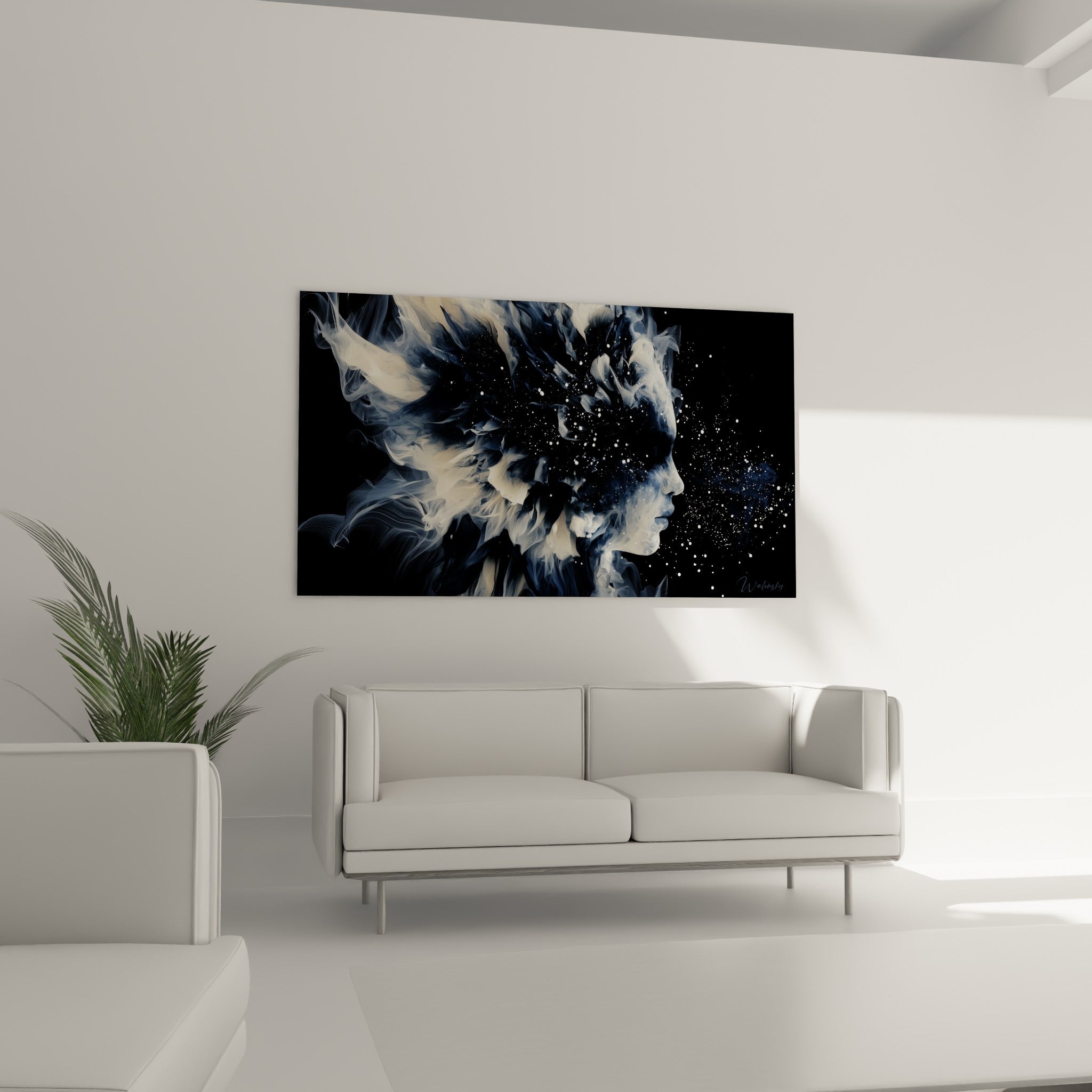Silhouette fumée anthracite et blanche du Visage abstrait au-dessus d'un canapé dans un salon lumineux