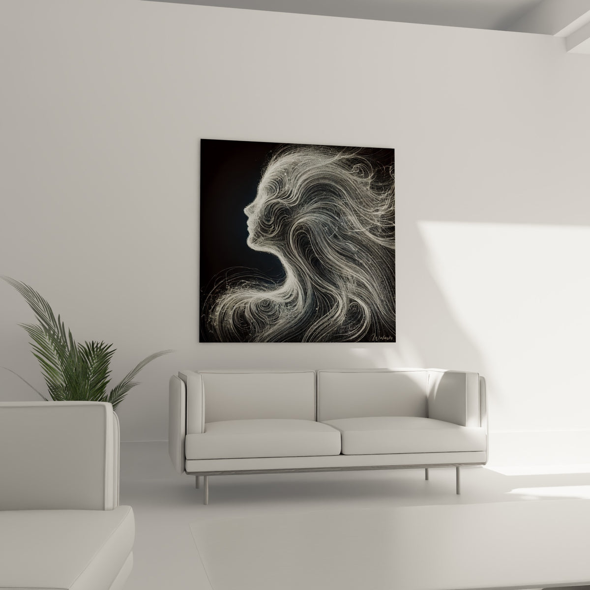 Silhouette abstraite anthracite et blanche aux mèches fluides au-dessus d'un canapé dans un salon lumineux