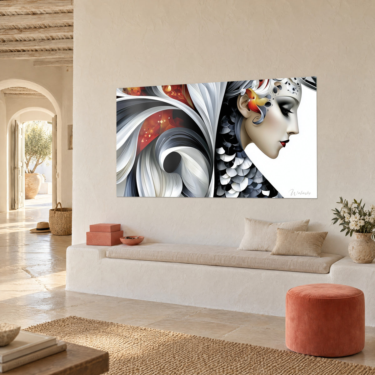 Wall art stylized face with red lips, white and black swirls, three-quarter view on a beige whitewashed wall