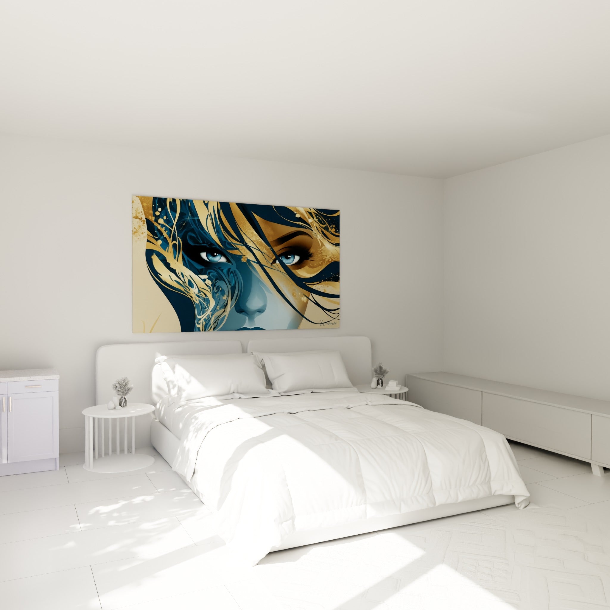 Portrait bleu marine et doré aux traits graphiques, accroché au-dessus d'un lit dans une chambre claire