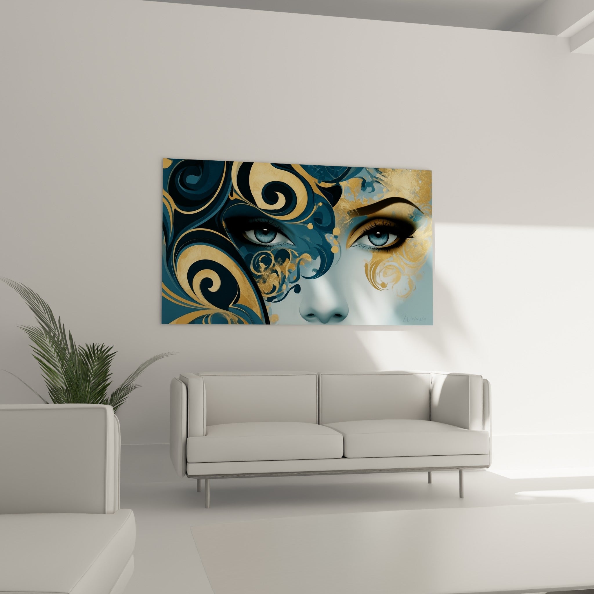 Portrait fragmenté du visage abstrait, teintes dorées et bleu marine, au-dessus d'un canapé dans un salon lumineux