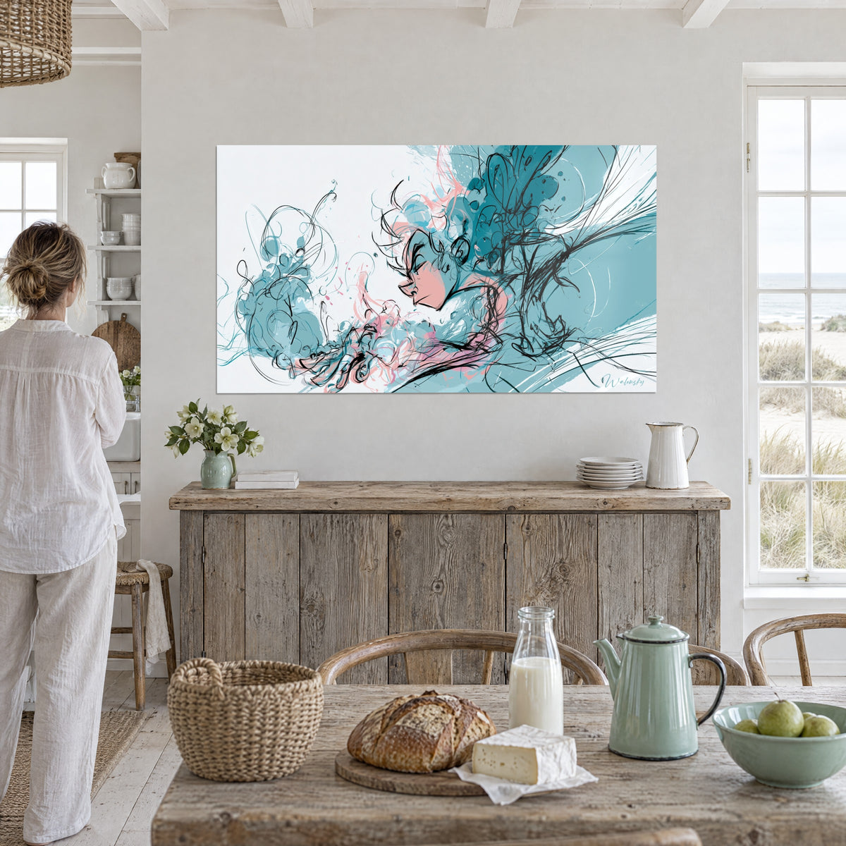Tableau portrait abstrait aux nuages turquoise, éclats roses et lignes noires foisonnantes, dans une pièce de vie ouverte sur les dunes