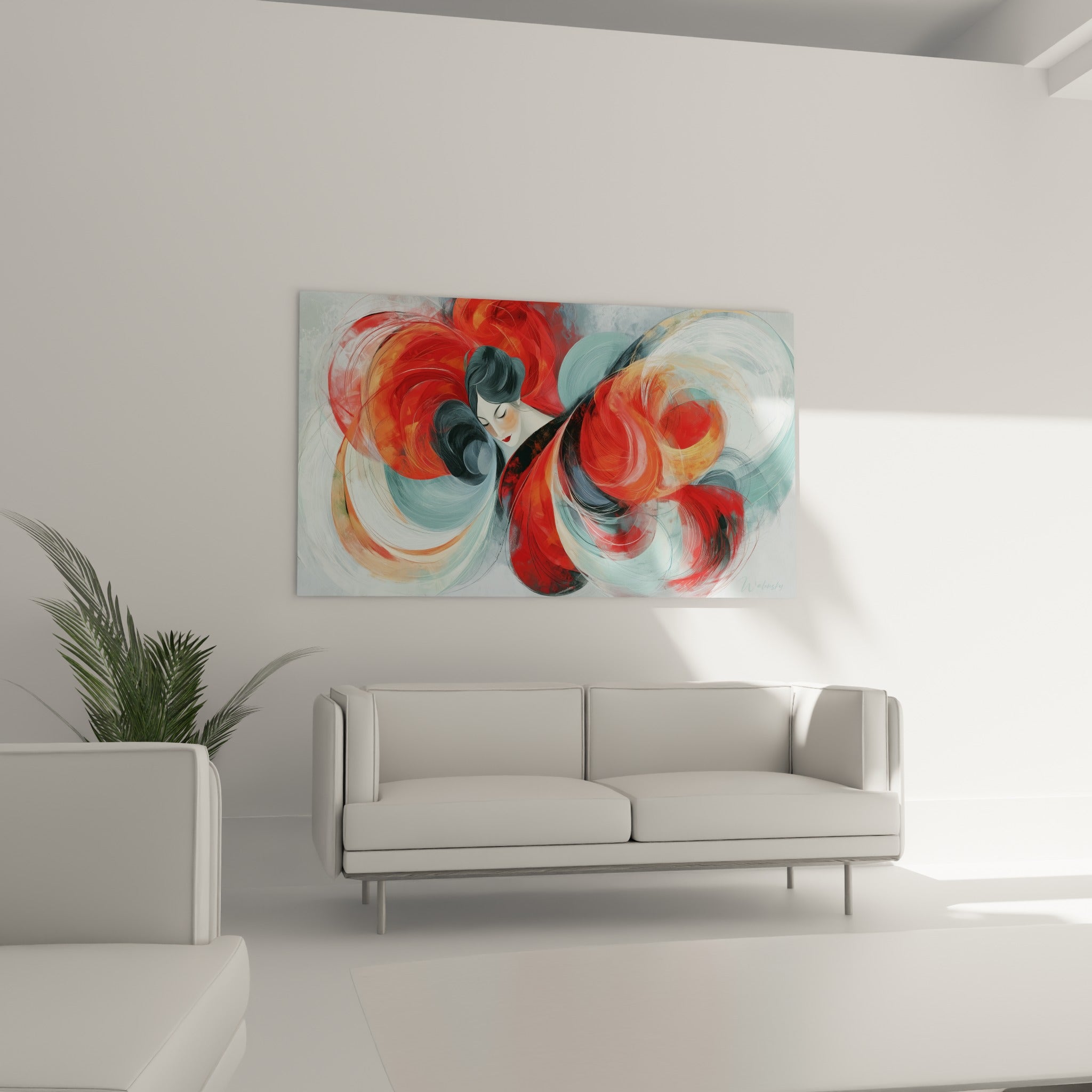 Volutes rouge vermillon et bleu sarcelle entourant le visage abstrait, disposées au-dessus d'un canapé dans un salon lumineux