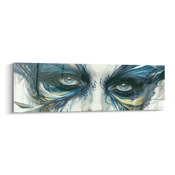 Tableau Regard bleu et blanc aux plumes fluides - Yeux perçants gris - Edition Visage abstrait