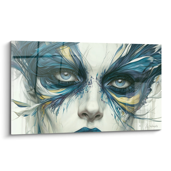 Tableau Visage aux plumes bleues et dorées - Regard perçant - Edition Visage abstrait