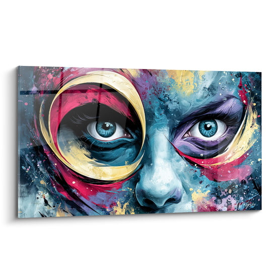 Visage abstrait aux yeux bleu turquoise, cerclage doré et éclaboussures rose fuchsia sur fond anthracite