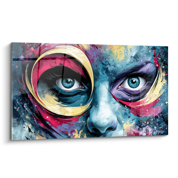Tableau Visage aux yeux bleu perçants et cerclages dorés - Regard fragmenté - Edition Visage abstrait