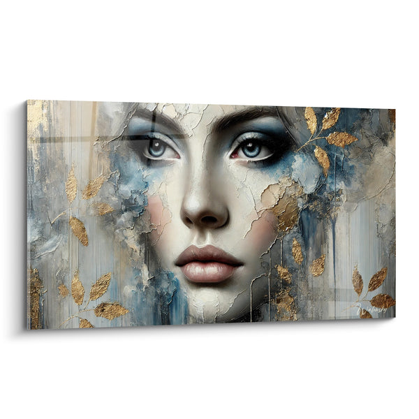 Tableau Visage craquelé bleu et doré aux feuilles éparses - Regard perçant fixe - Edition Visage asbtrait