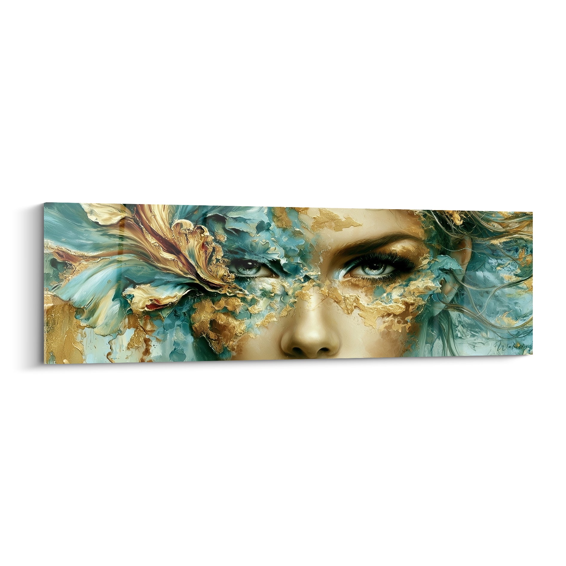 Visage abstrait aux yeux bleus intenses, mèches turquoise et dorées, matière picturale texturée