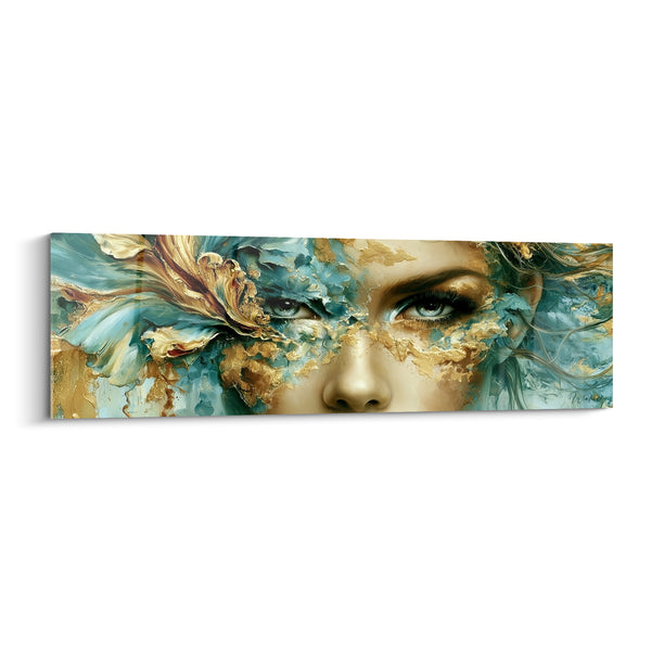 Tableau Visage doré aux mèches turquoise - Regard sous le voile - Edition Visage abstrait