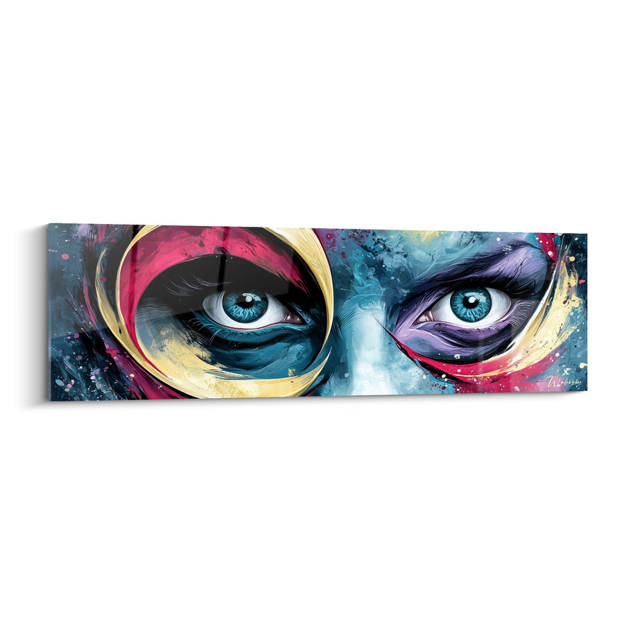 Tableau Yeux bleus perçants entourés d'anneaux dorés - Regard félin intense - Edition Visage abstrait