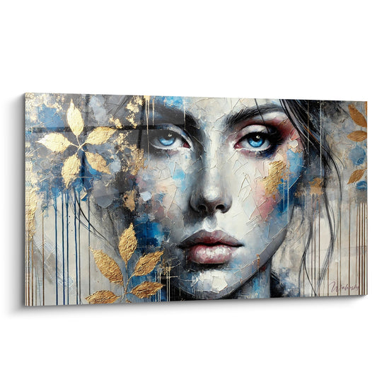 Tableau Visage féminin bleu et doré aux feuillages - Regard fragmenté - Edition Visage asbtrait