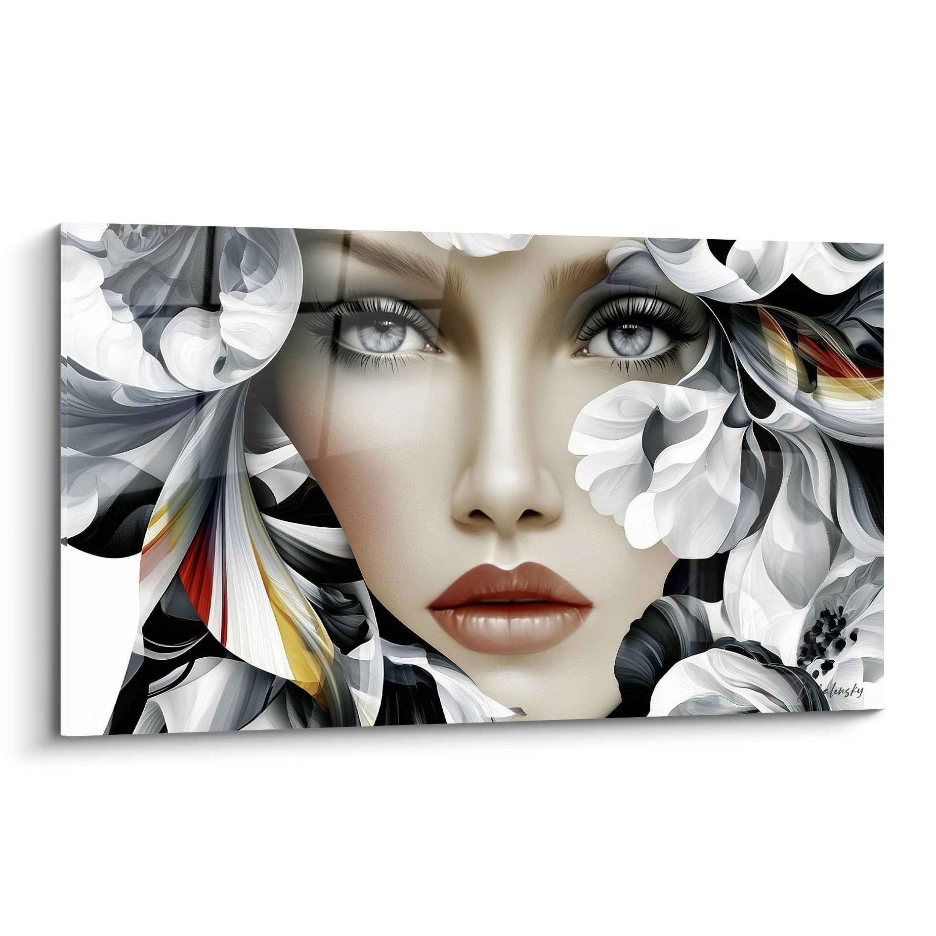 Visage abstrait aux yeux bleus perçants entouré de pétales gris et blanc sculptés en gros plan