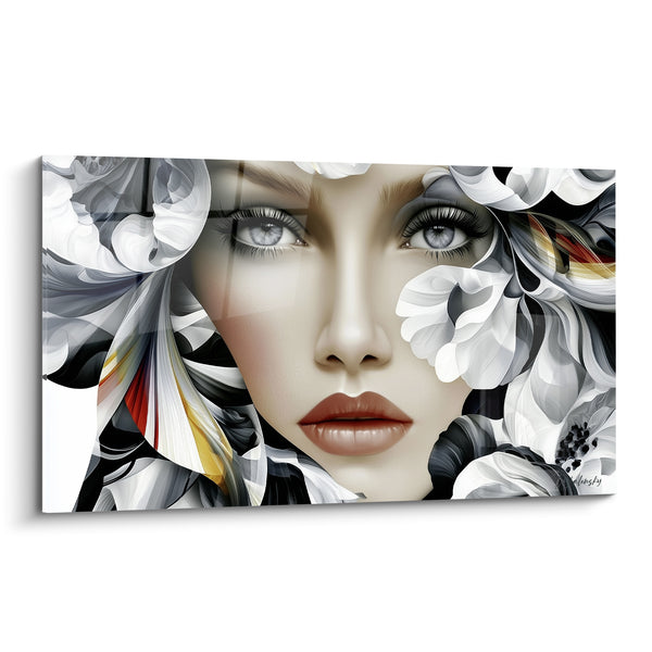 Tableau Visage féminin aux fleurs noir et blanc - Regard captif - Edition Visage abstrait
