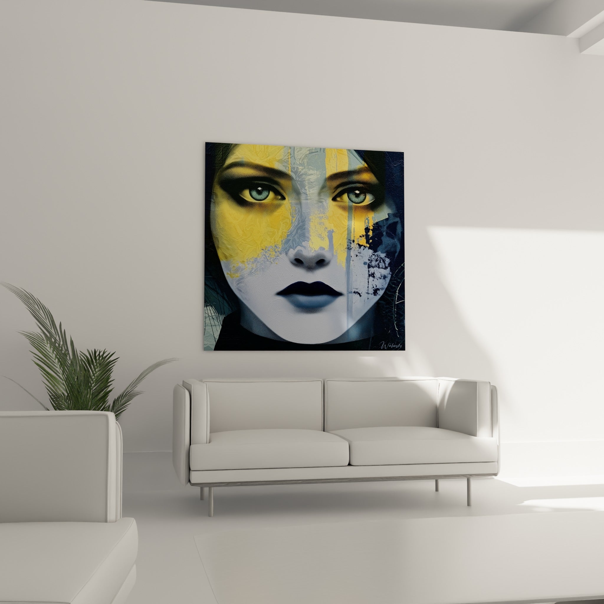 Portrait fragmenté aux tons jaune doré et bleu foncé, suspendu au-dessus d'un canapé dans un salon lumineux