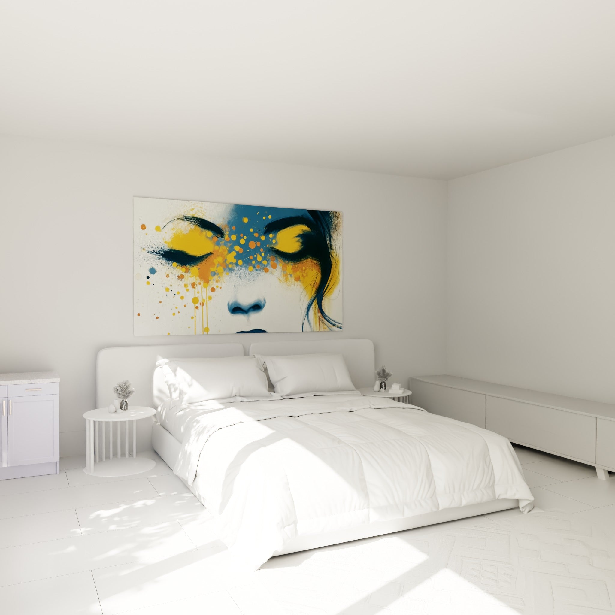 Portrait féminin bleu marine et doré, yeux fermés, accroché au-dessus d'un lit dans une chambre claire