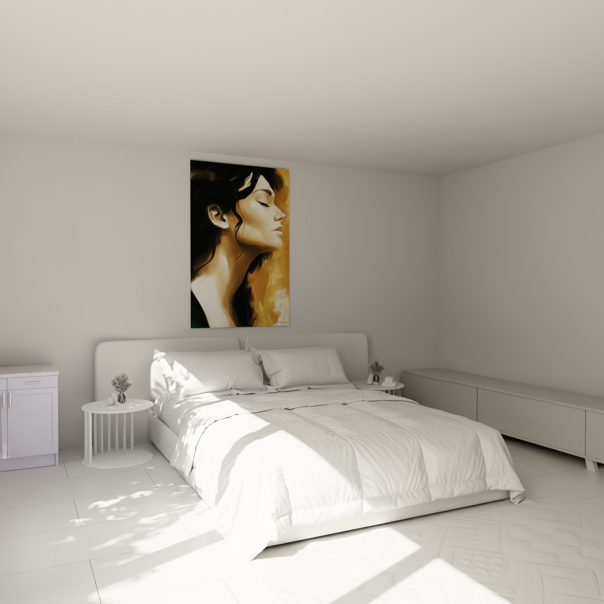 Visage abstrait ocre et anthracite aux yeux fermés, accroché au-dessus d'un lit dans une chambre claire