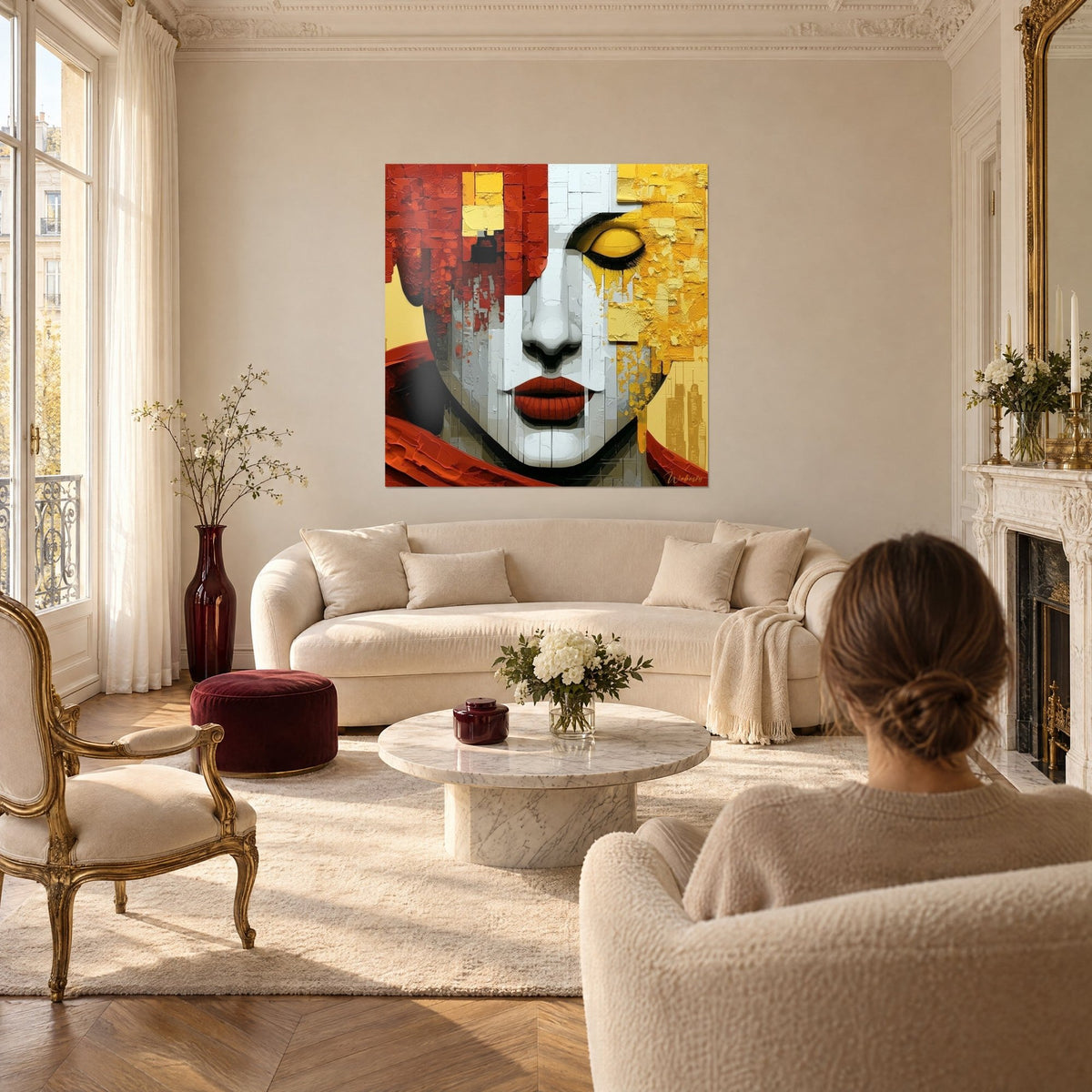 Cuadro rostro dividido en blanco y dorado, labios óxido y pasta gruesa, sobre un sofá en un salón luminoso
