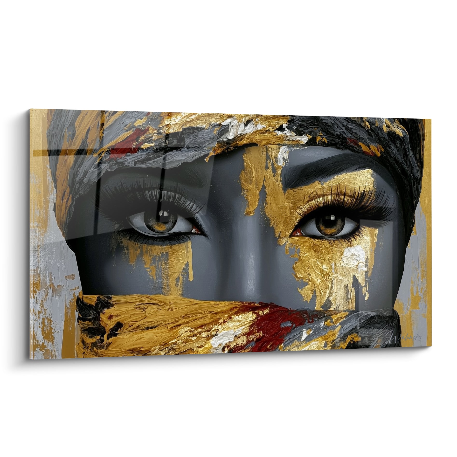 Visage abstrait aux yeux ambrés, voile doré et anthracite orné de touches rouges peintes en relief