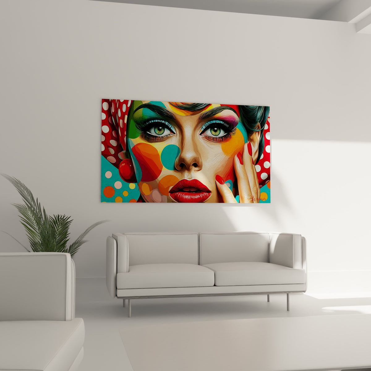 Visage abstrait aux tons turquoise et orange vibrants au-dessus d'un canapé dans un salon lumineux