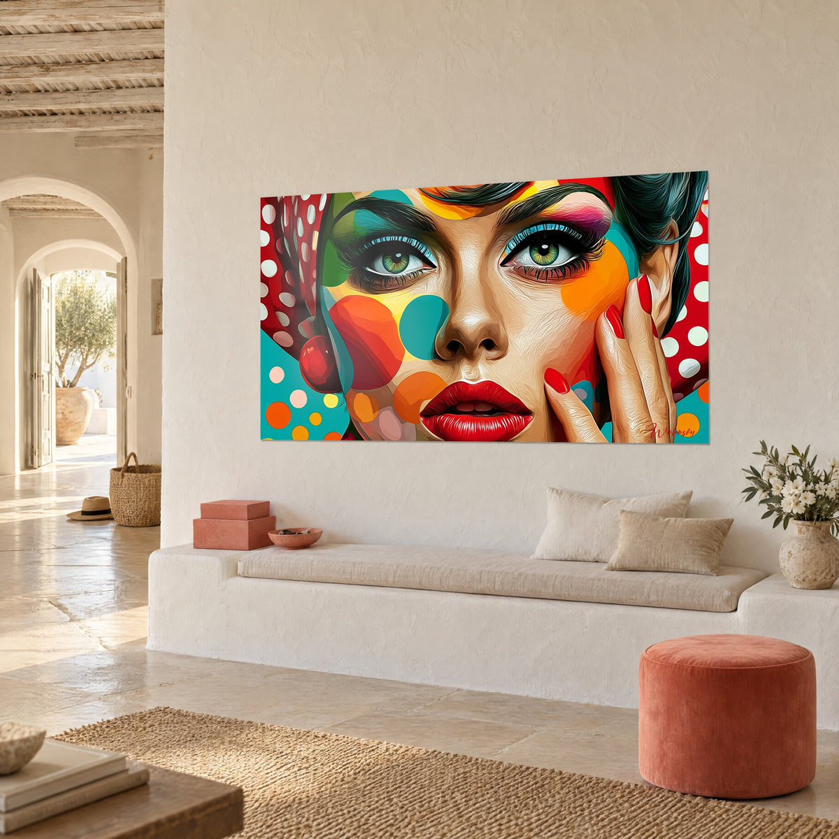 Quadro ritratto femminile con pois rossi e bianchi, occhi verdi, campiture turchesi e arancioni, muro intonacato di una casa mediterranea