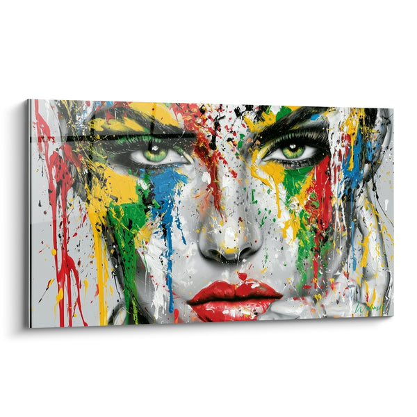 Tableau Portrait yeux verts coulures rouges et jaunes - Explosion silencieuse - Edition Visage abstrait
