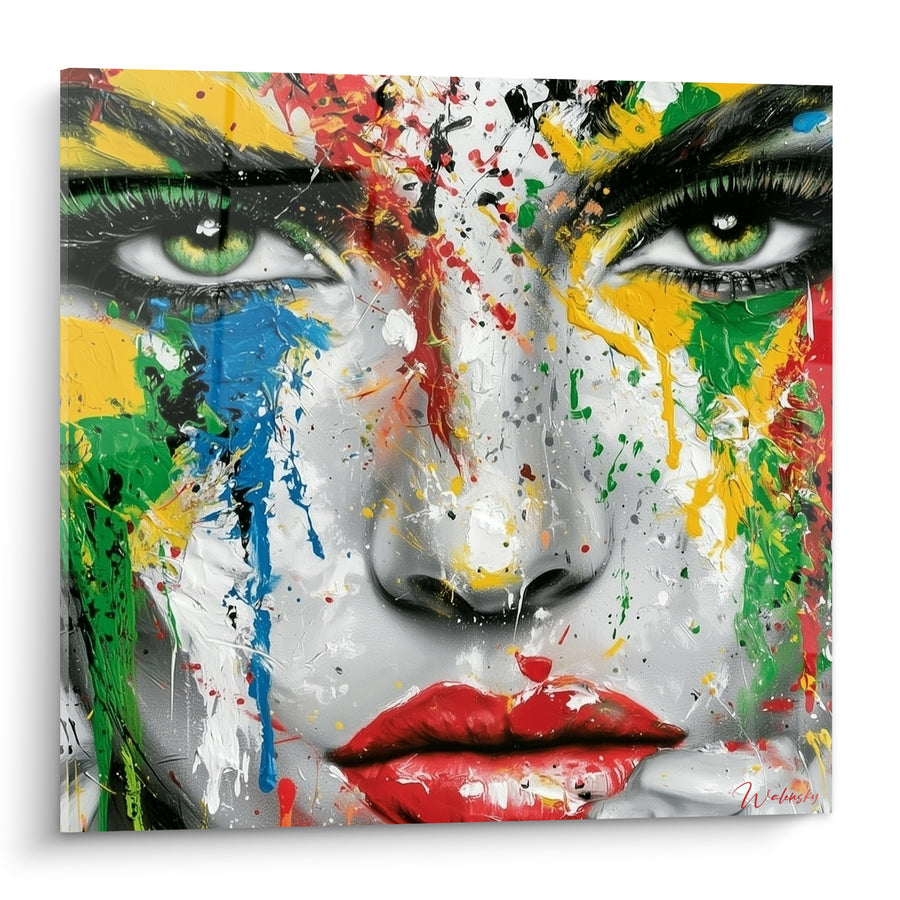 Tableau Visage yeux verts éclaboussures multicolores - Éruption de couleurs - Edition Visage abstrait