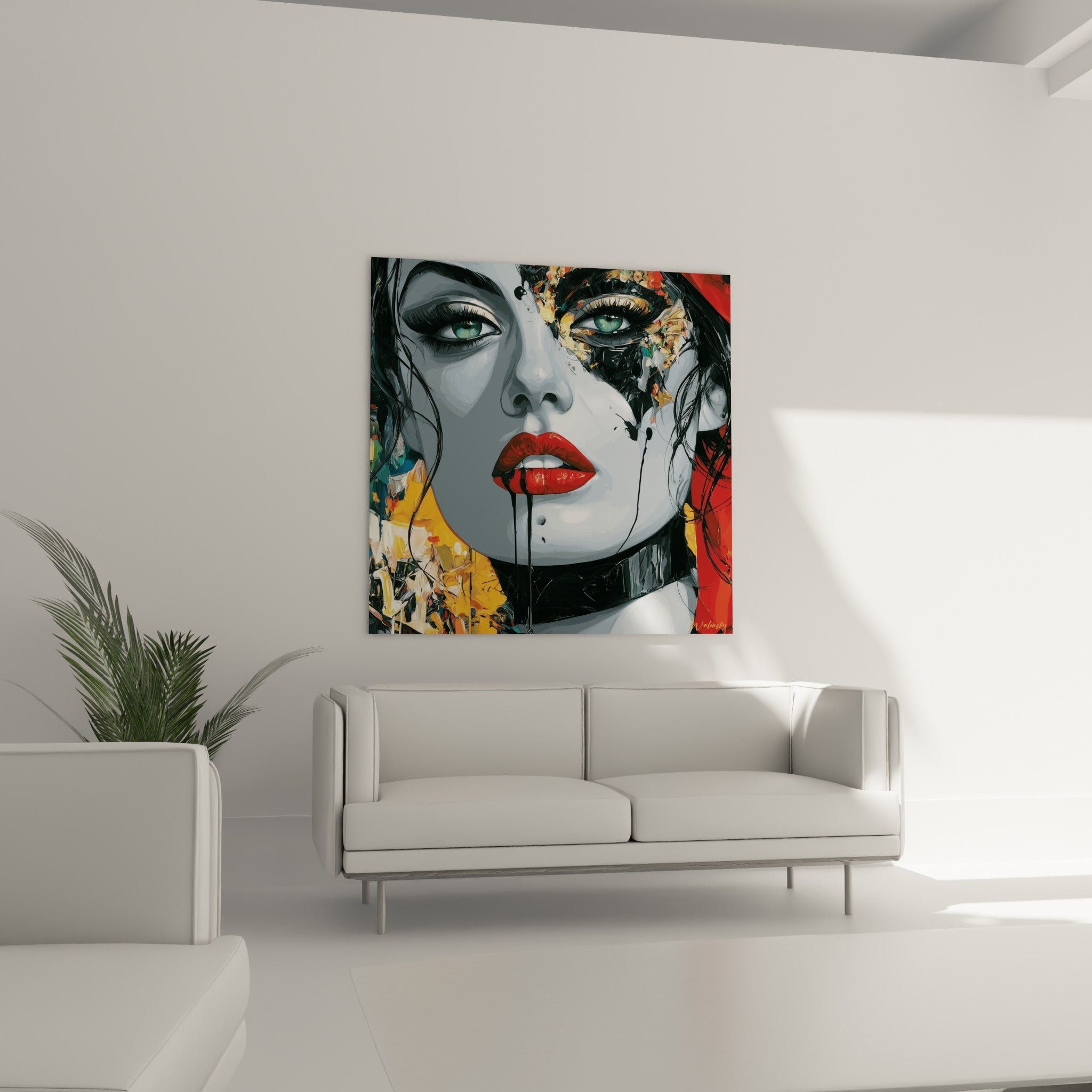 Yeux verts perçants et fragments dorés sur teint anthracite accrochés au-dessus d'un canapé dans un salon lumineux