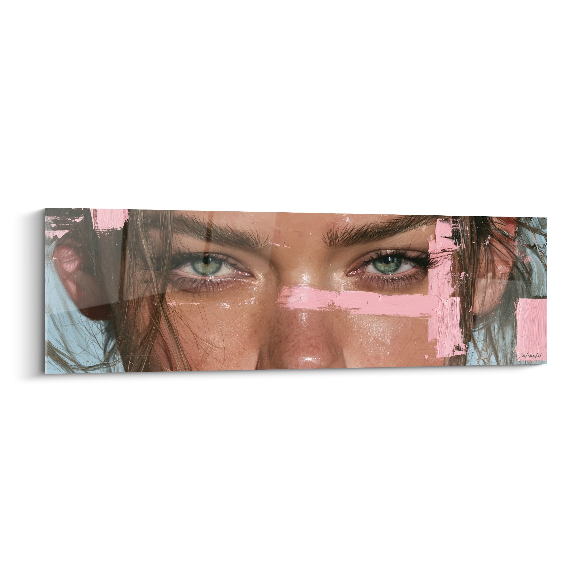 Yeux verts perçants sous bandes roses et bleu pastel, visage abstrait fragmenté en gros plan